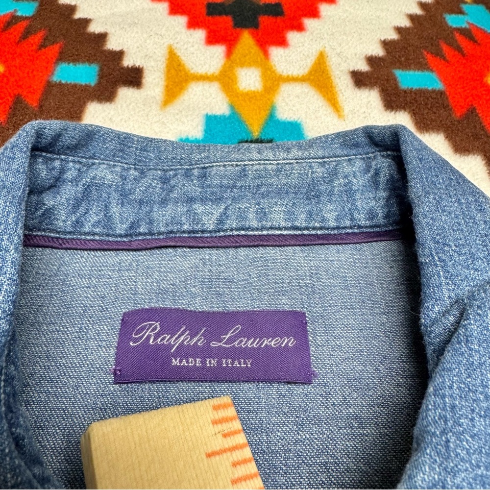Ralph Lauren Purple Label Denim Western Shirt Large Blue Faded Wash Pearl Snap - Picture 3 of 11